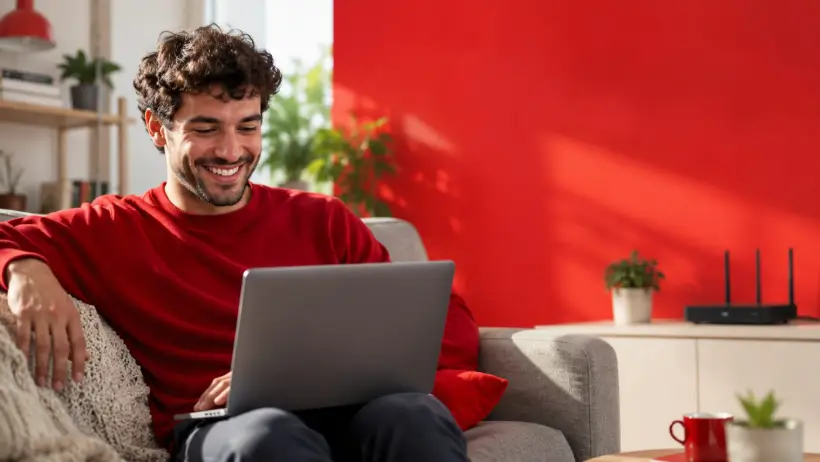Cliente usando Claro Internet Hogar en su casa, con el módem WiFi de fondo