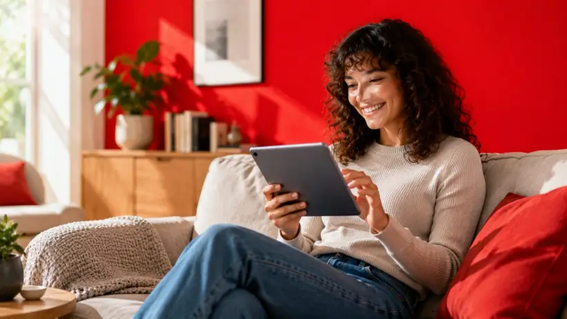 Clienta de Claro usando internet por fibra óptica en su casa